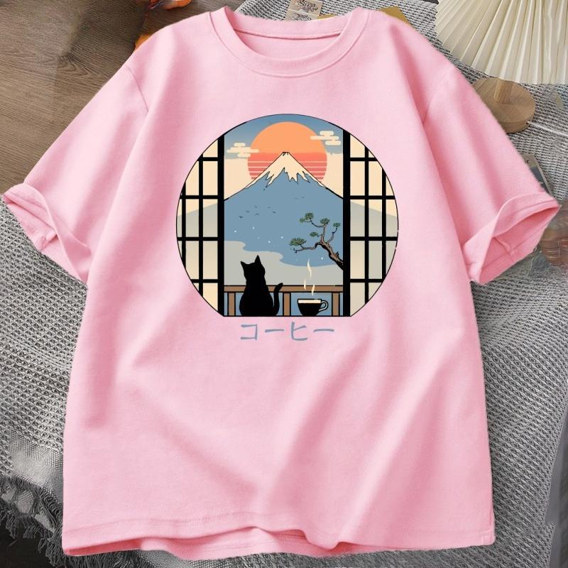 Coffee Cat in Mt Fuji Tshirt Unisex Women Round Neck Short Sleeve Tshirt Japanese Style Printed TShirt Cotton Oversized Tops