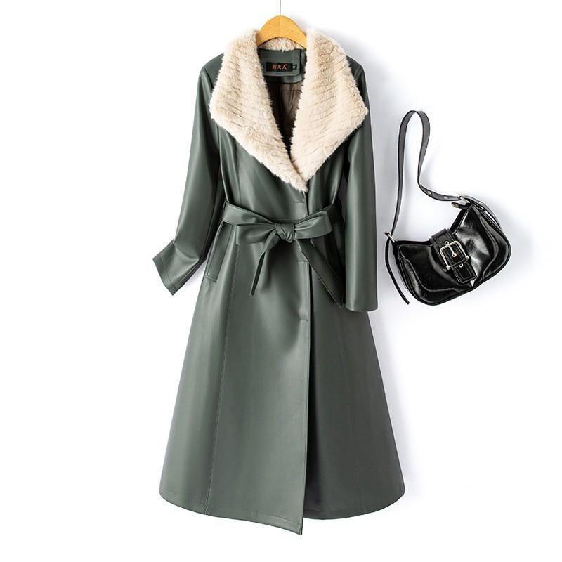 Womens Mid-Length PU Leather Trench Coat Over Knee Fall Winter Outerwear Elegant Office Style Plus Size