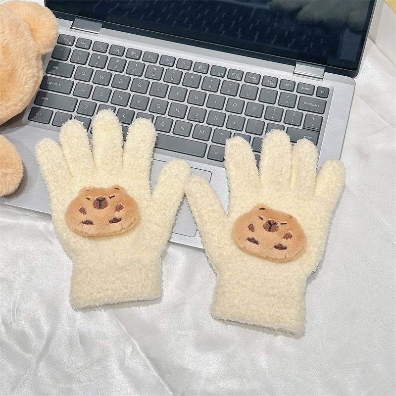 Søte Capybara Hansker Plysj Korallfleece Kuldebeskyttende Hansker Femfingerhansker Student Vinter Varmere Hansker Jentete Julegaver
