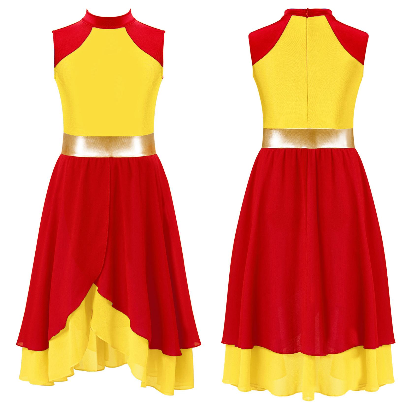 

Детское танцевальное платье с цветными блоками для девочек, многоуровневое платье без рукавов с воротником-стойкой и завернутым подолом, лирическое танцевальное платье, танцевальная одежда 5-6 Years жёлтый