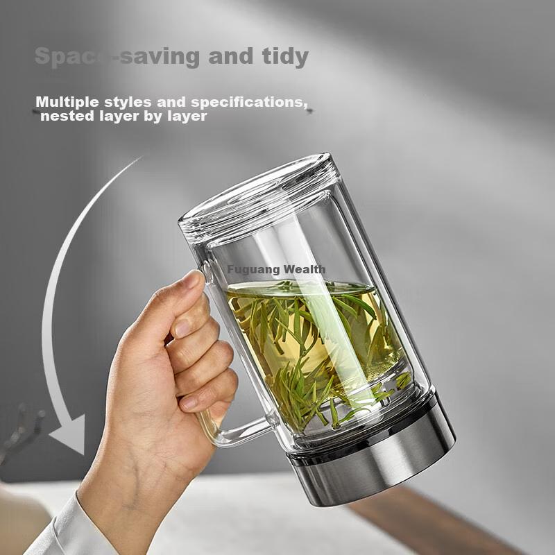 Fuguang Large Capacity High Borosilicate Double-Layer Glass Cup with Tea Strainer, Thickened Water Cup with Handle, Tea Infuser Mug, Office Cup