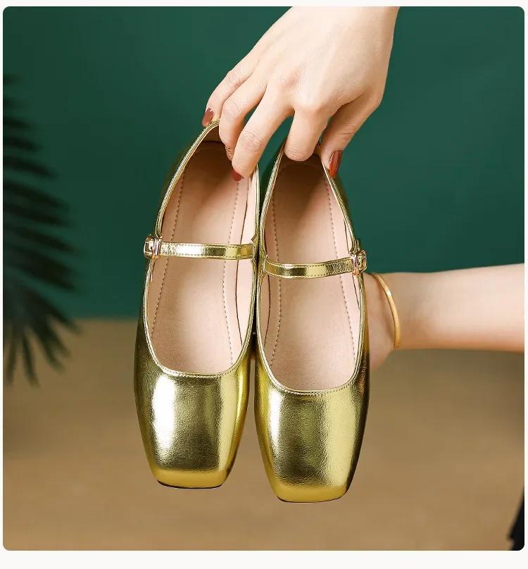 Fashion 2025 Elegant Woman Square Toe Lolita Lady Barefoot Boat Gold Flats Elegant Soft Sole Ballerina Party Mary Jane Shoes