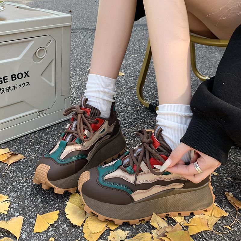 Women's Casual Sports Shoes Autumn New Round Head Color Matching Before Tying Thick Sole Anti-slip Wear-resistant Single Shoes