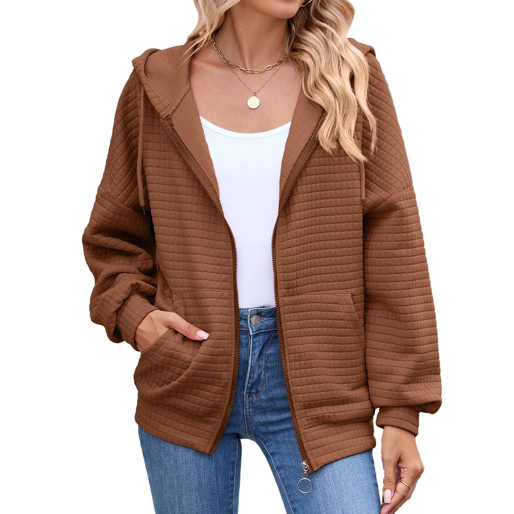 European and American-style Women's Solid Color Zip-up Long-sleeve Hooded Sweatshirt/jacket for Fall and Winter
