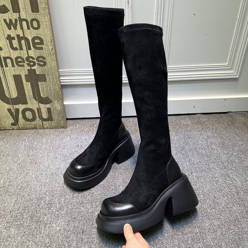2025 European Station Autumn and Winter New Muffin Thick-soled Thick Heel Heel Heightened and Thin Elastic Boots High Boots Martin Boots