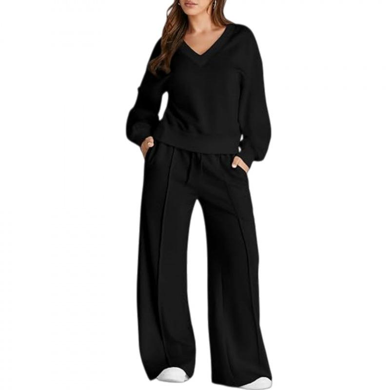 Autumn and Winter New Simple Solid Color Versatile Casual Suit Women's 1116 European and American Fashion V-neck Sweater Trousers Two-piece Set