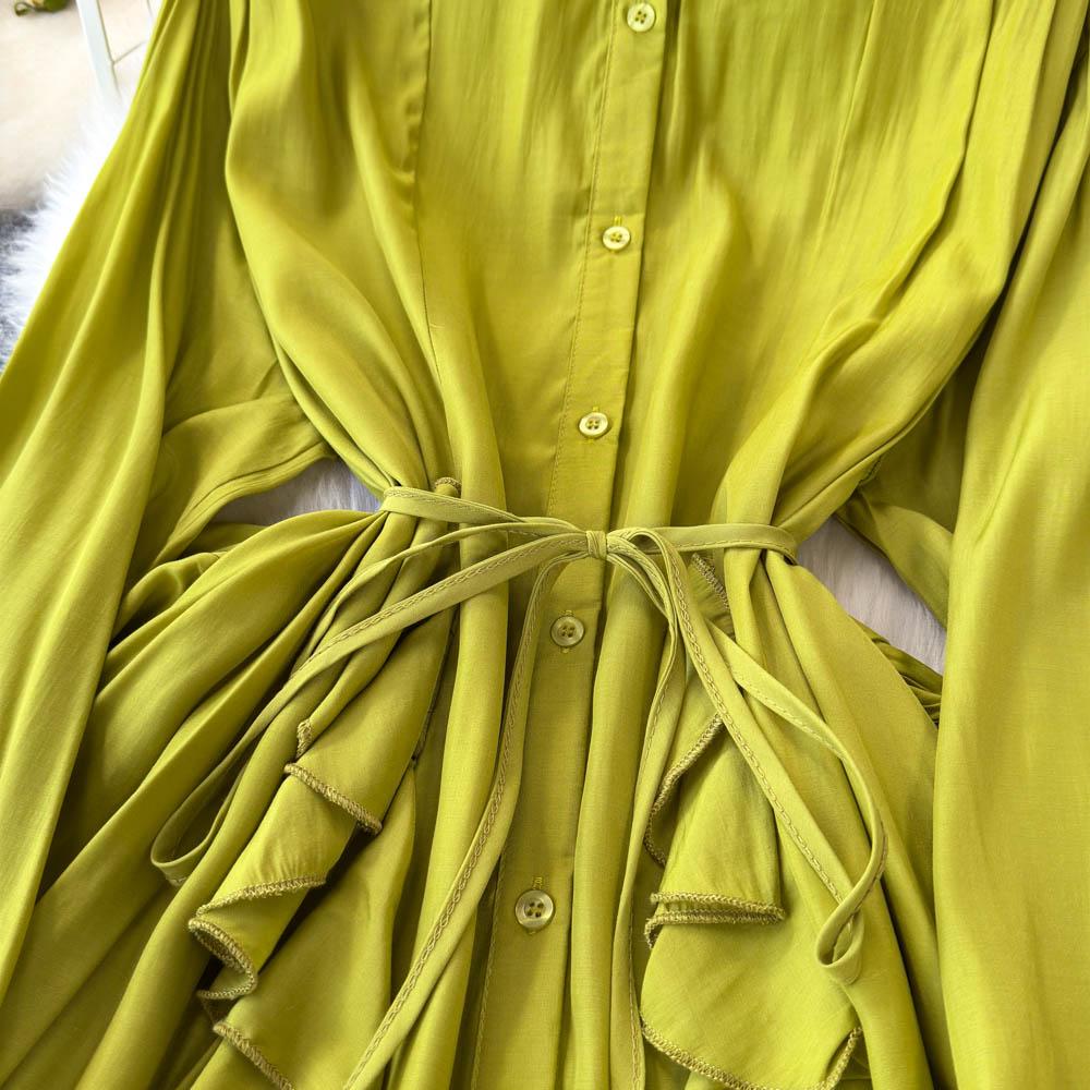 Jemný styl Temperament Bublinkové rukávy Stojáček Stahovaný pas Áčkový střih Volánový okraj Šifonové šaty Elegantní Velká kolová Dlouhé šaty