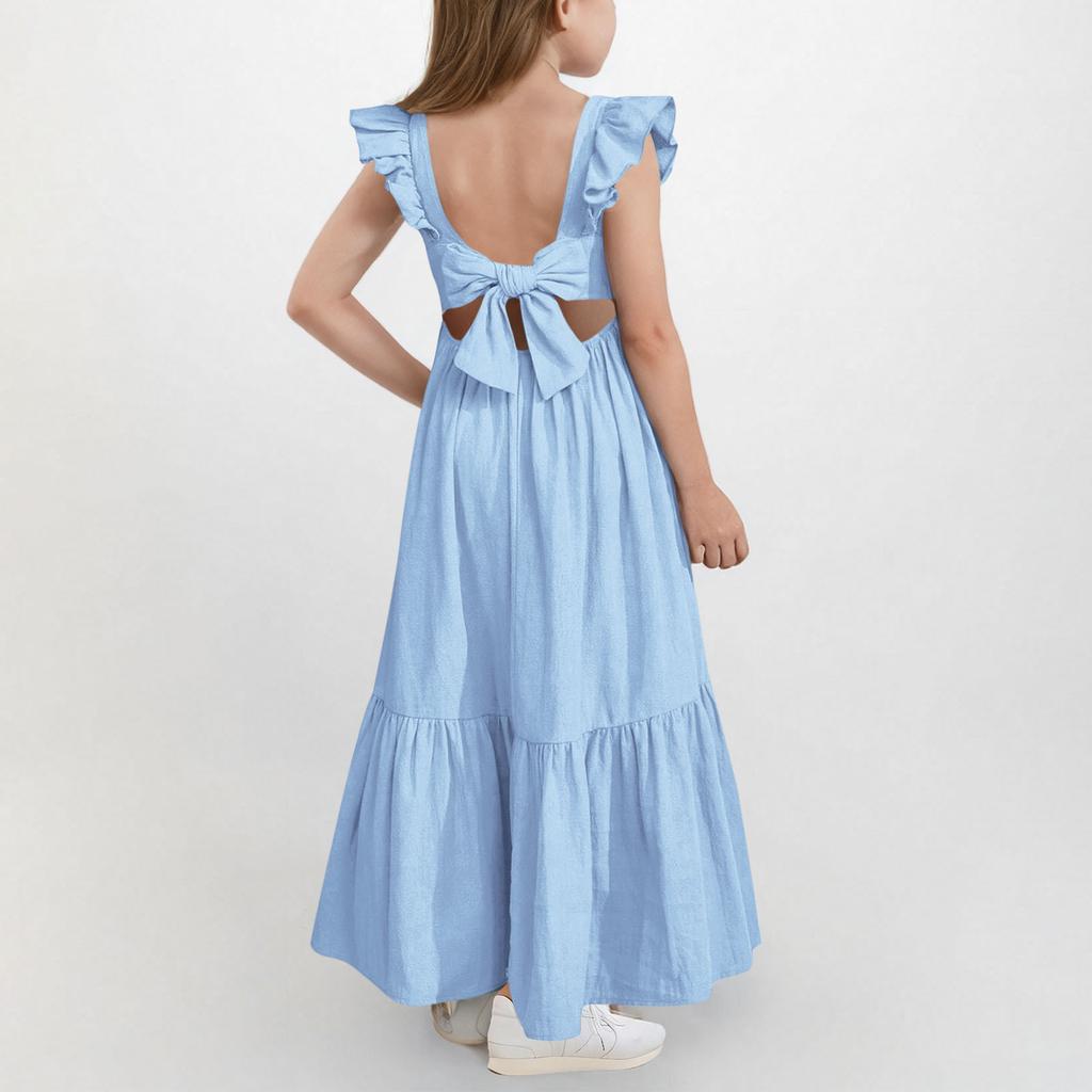 Girls' Square Neck Dress - Sweet Backless Sundress