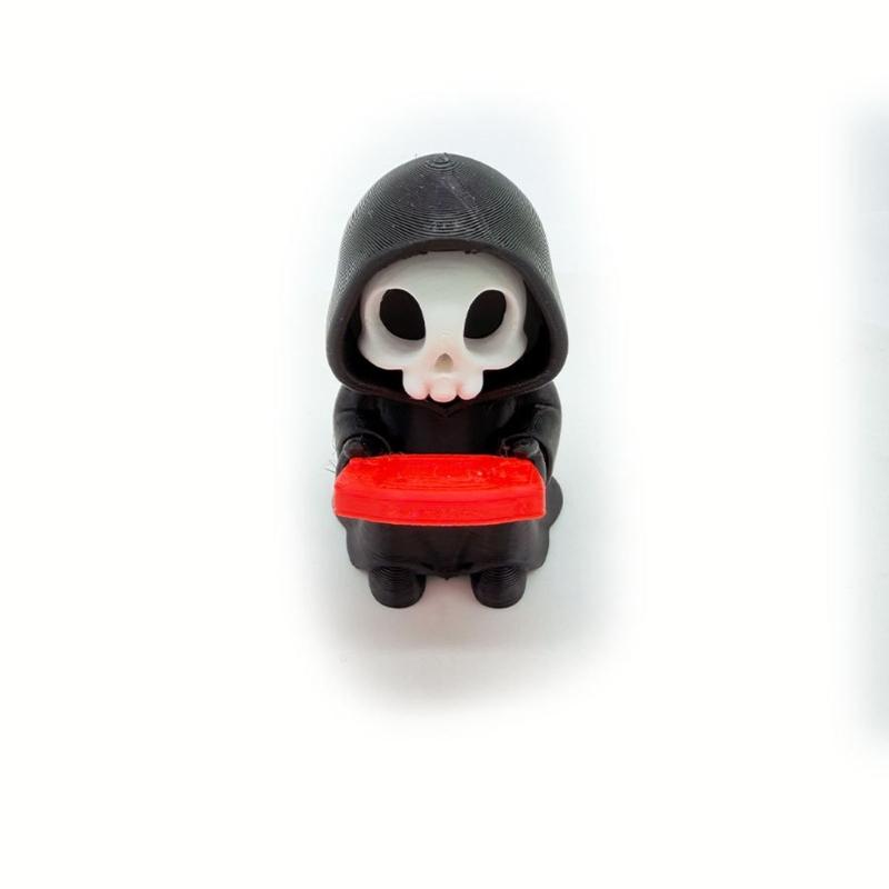 Small Table Decorative Figure with Hooded Skull Character, Collector Shelf Piece for Desk Display and Themed Styling