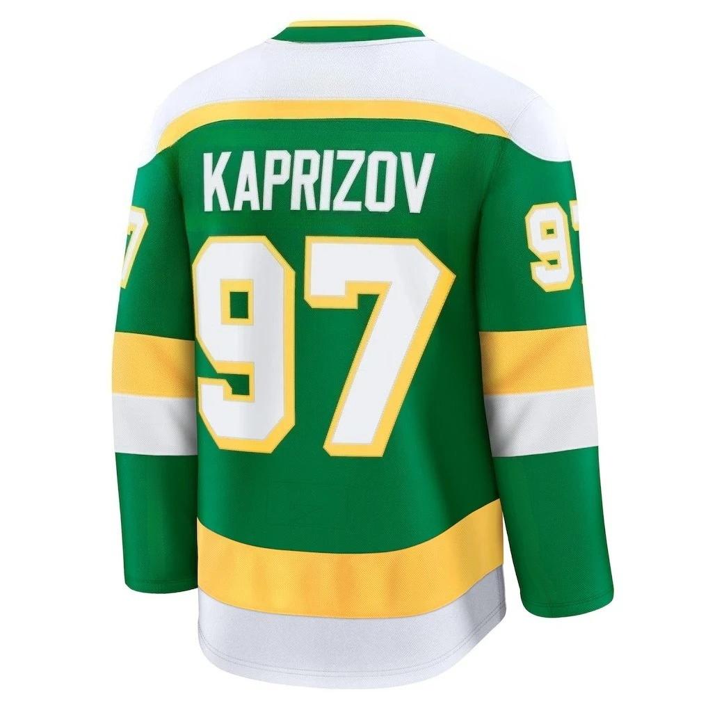 Minnesota Wild Hockey Jersey Nashville Predators Jersey Green with Yellow/White Accents "Kaprizov 97" Wild Logo Jersey Long Sleeve V-neck Tshirt