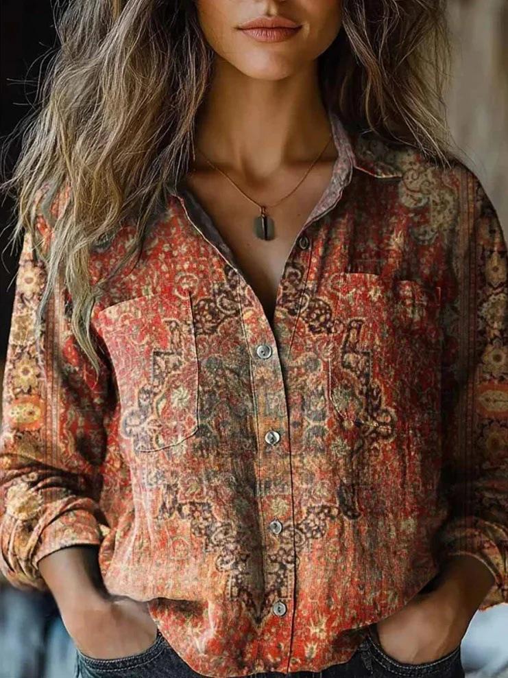 2025 Spring/Summer/Autumn Women s Versatile Printed Casual Lapel Shirt 2XL