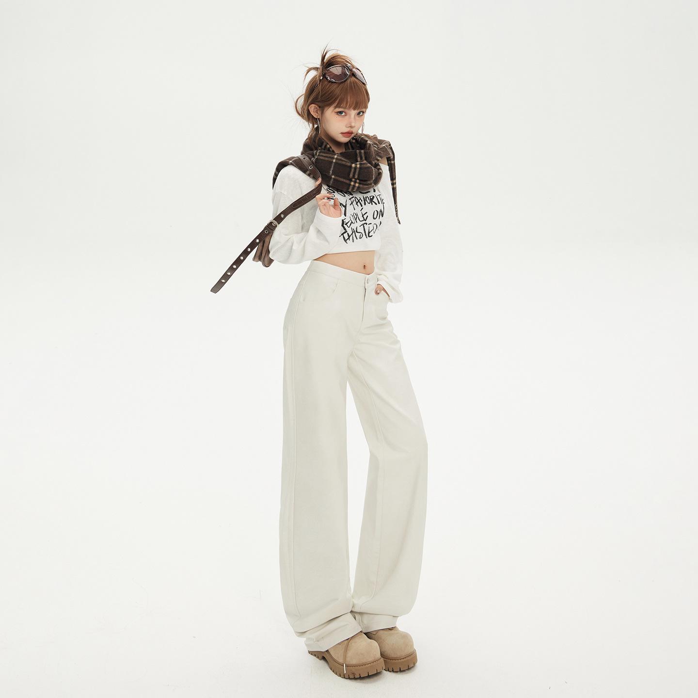2026 Spring Women s Low Waist White Leather Pants: American Style, Loose Fit, Slimming, Versatile, Straight Leg for Tall Women Large