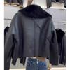 Short motorcycle suit black fur integrated lamb wool imitation fur jacket women's autumn and winter leather jacket lapel jacket