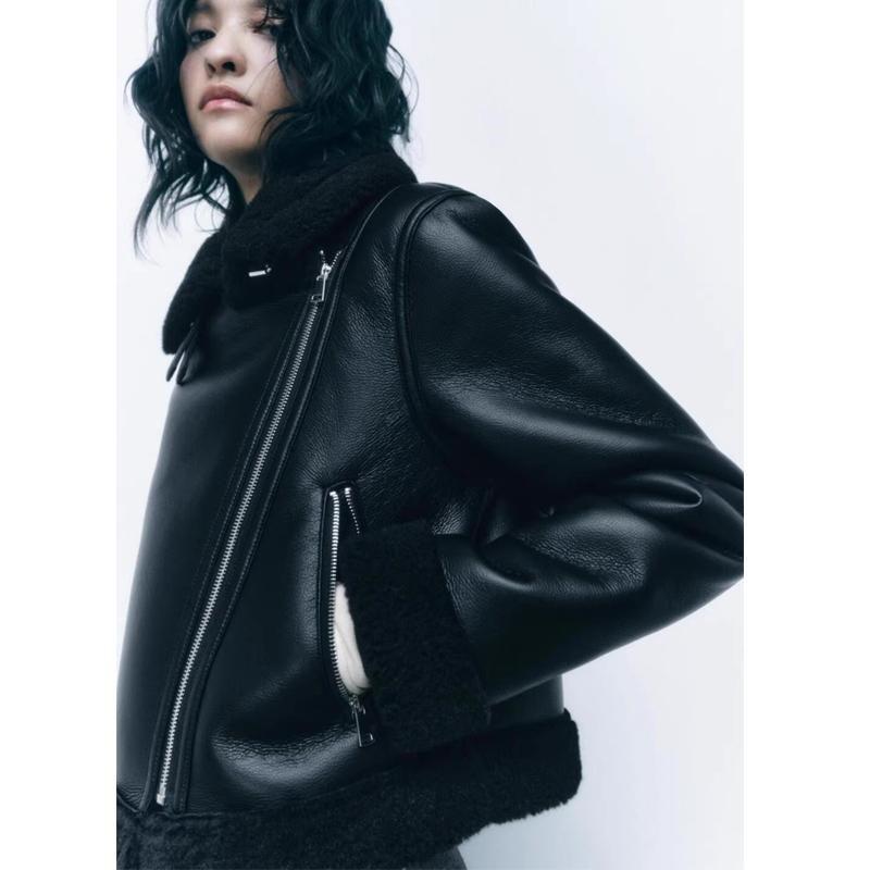 Fall and Winter New Women's Clothing Lapel Long Sleeves Fur Integrated Double-Sided Poly Urethane Leather Jacket Outwear 8741267