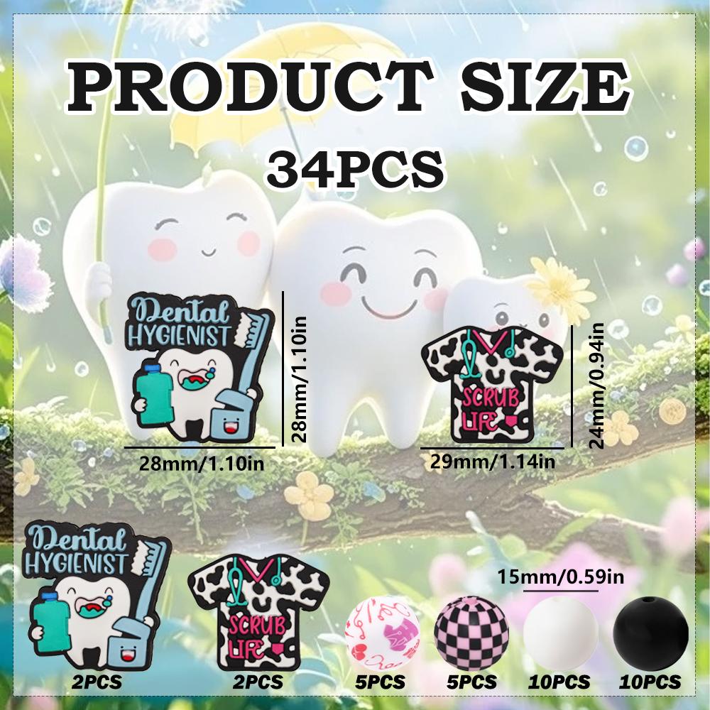34Pcs Dental Care Theme Silicone Beads Set DIY Beaded Necklace Bracelet Decoration Pen Jewelry Pendant Etc. Holiday Birthday Gift
