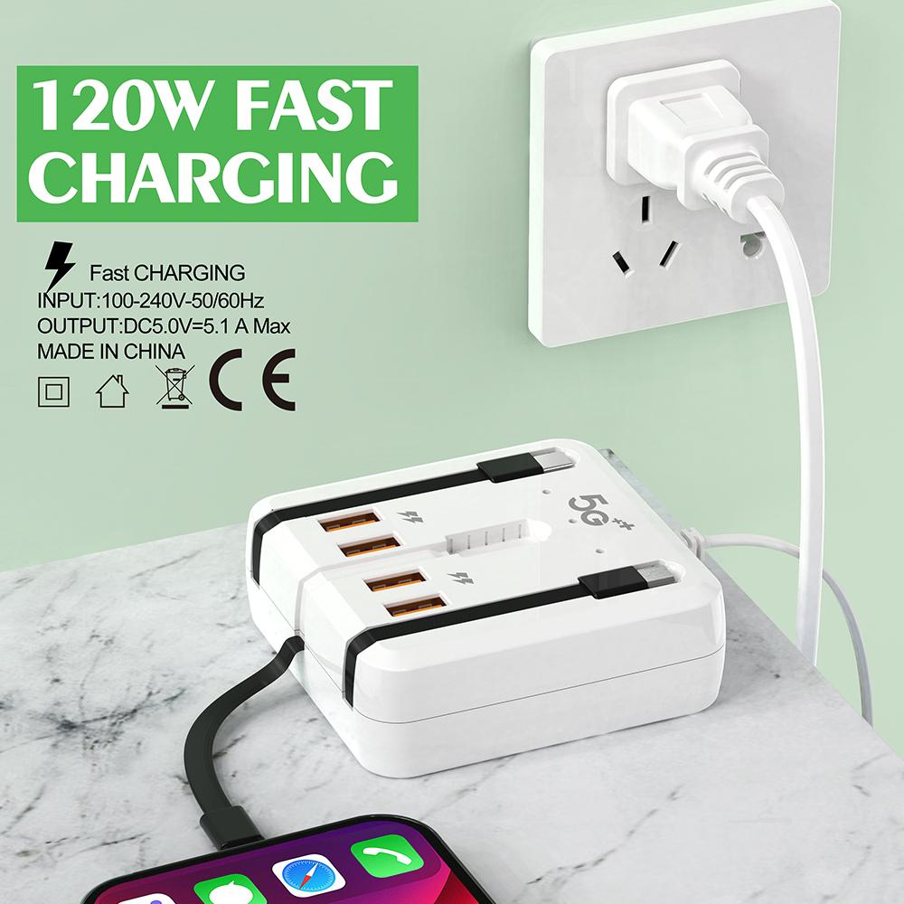 Încărcător USB cu încărcare rapidă, 66W, 4 porturi, pentru călătorie, cu priză, adaptor de cablu tip C pentru iPhone 14 15, Xiaomi, Samsung