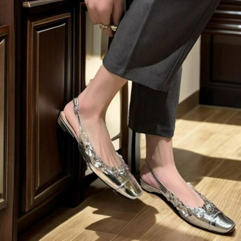 Fashion Women's Spring New Fashion Square Toe Designer Sequin Patent Leather Slingback Loafers Casual Comfort Breathable Low Top Shoes