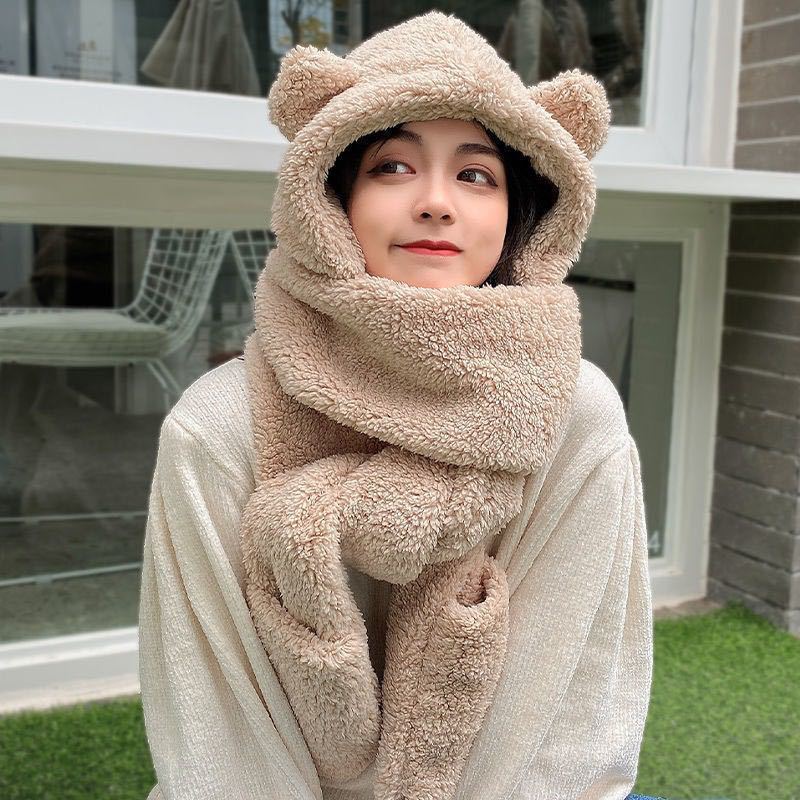 Bear Ear Protection Hat Female Cute Hat Scarf Integrated Female Gloves Three-piece Set Thickened Warm Double Layer Cold Protection