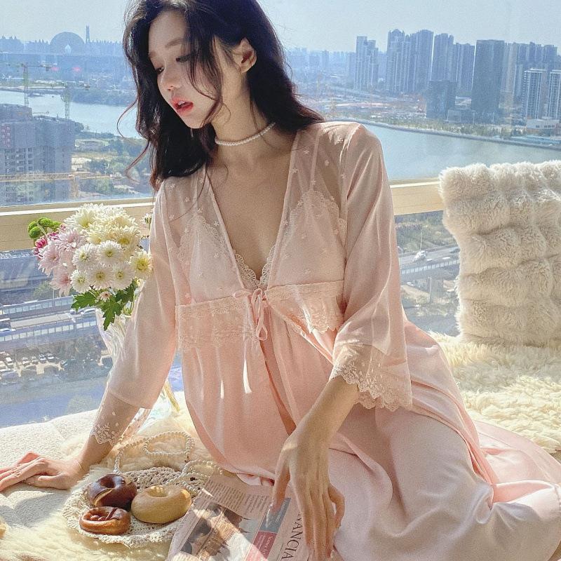 1011 summer new ice silk pajamas women's French nightgown robe two-piece set pure desire style sexy loungewear set