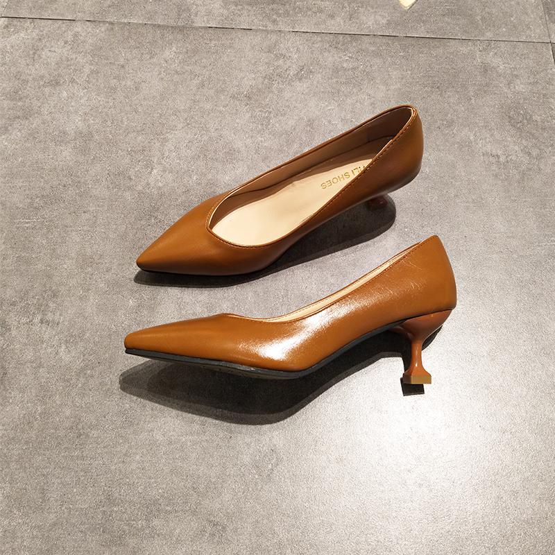 Fashion Korean All Match Fashion Work Shoes Woman Pointed Toe Shallow Brief Office Ladies Pumps Slip On Solid Leather Thin High Heels