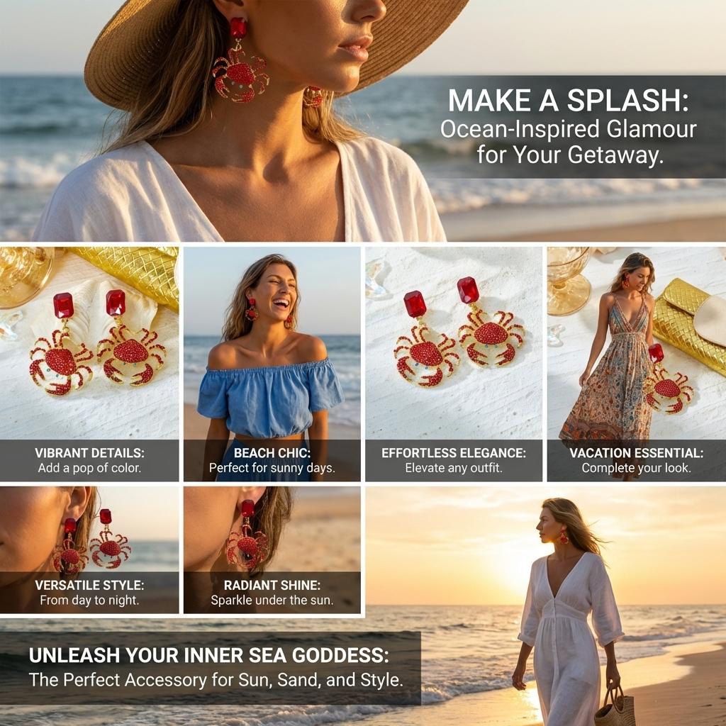 Summer Full Rhinestone Crab Earrings for Women Red Crystal Zircon Cute Sea Animal Drop Earring Beach Vacation Statement Jewelry