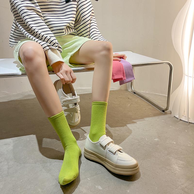 Bunte Damen Baumwoll Kniehohe Tanzsocken: Macaron Bonbonfarbe, Wadenlang, Japanischer Stil