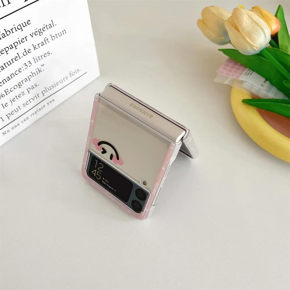 Korean Cute Happy Pattern Phone Case For Samsung Galaxy Z Flip 6 5 3 4 Transparent Hard Folding Fundas Shockproof