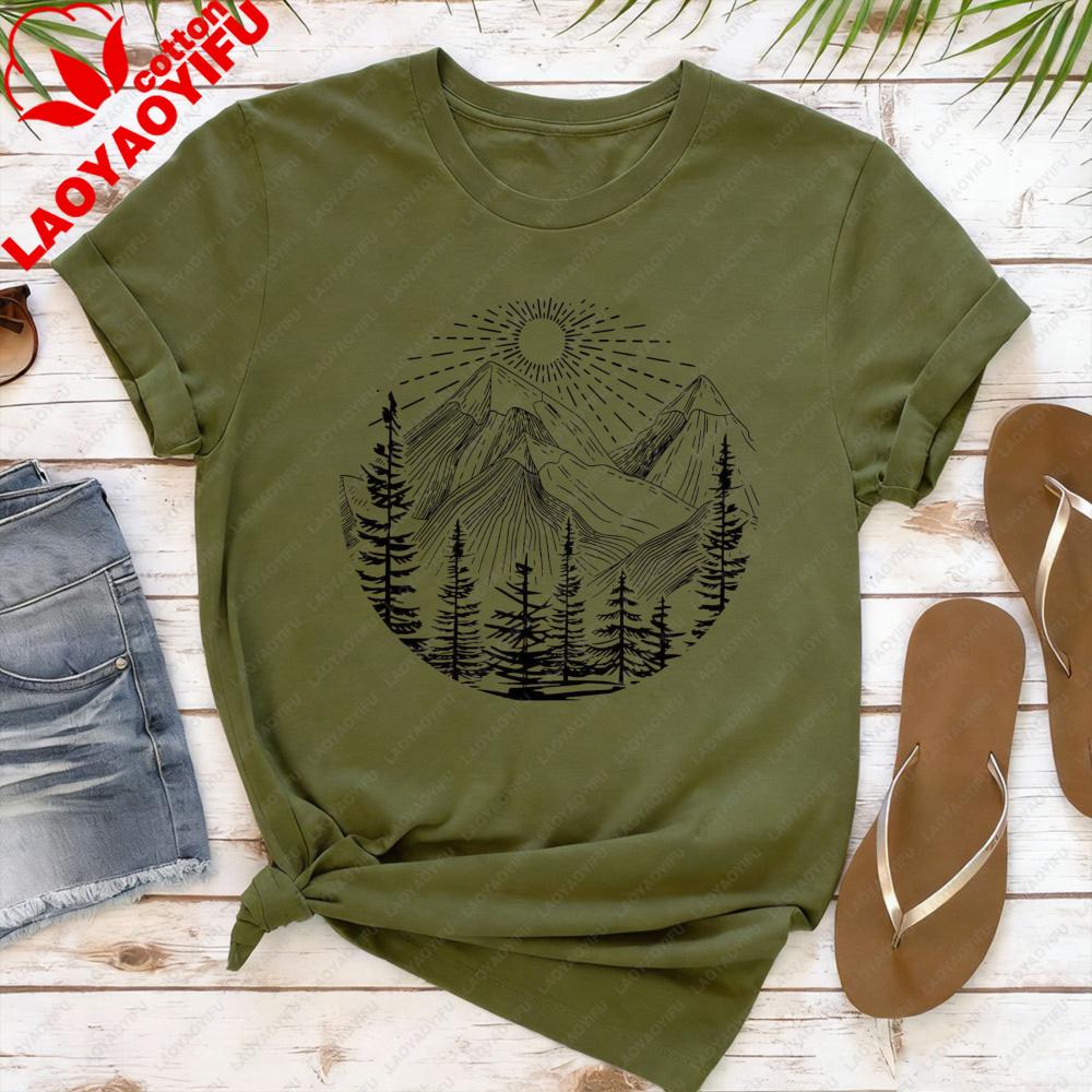 T-shirt da Donna Foresta Montagna Sole Cotone Manica Corta Top Casual Moda Top Estivo Outdoor T-shirt con Fantasia Classica