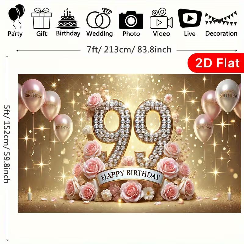 2D Pink Floral 99th Birthday Backdrop, Luxury Celebration Photo Booth Decor