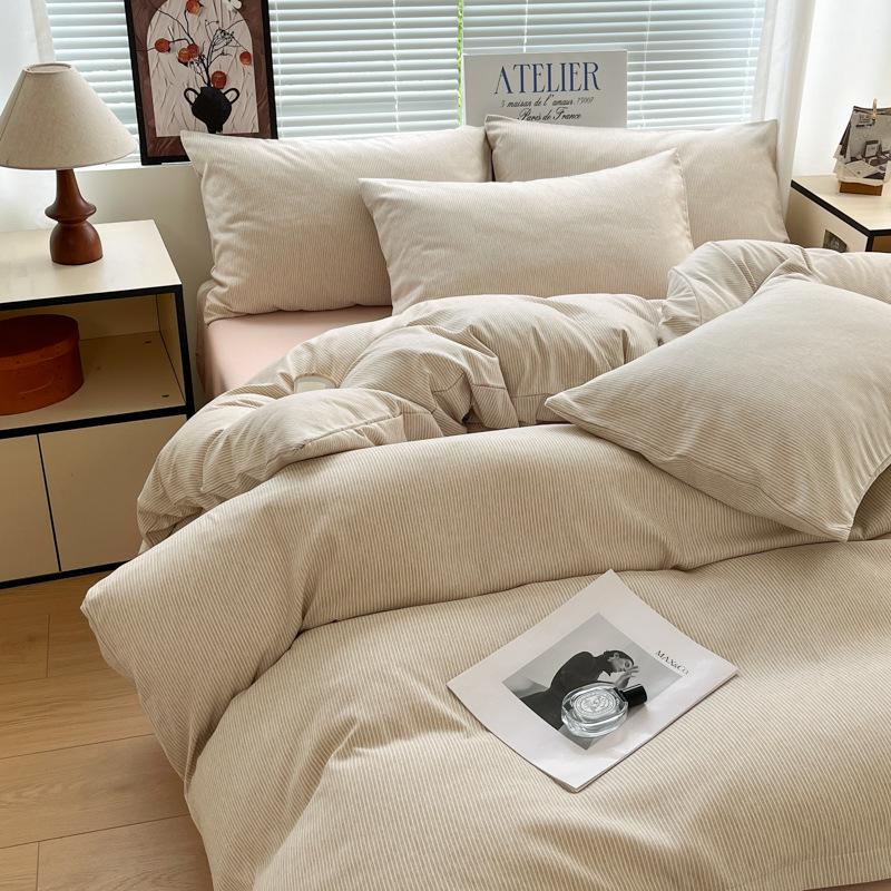 Japanese Minimalist Pure Cotton Bedding Set - Washed Cotton Duvet Cover, Bed Sheet, Dorm-Friendly (3 or 4-piece).