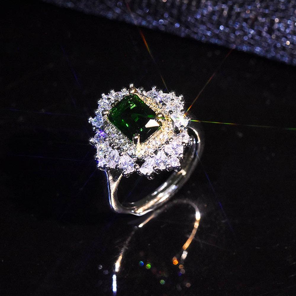 Luxury Open Ring Emerald Imitation Green Gemstone Double Tone Full Diamond Wedding Band for Women