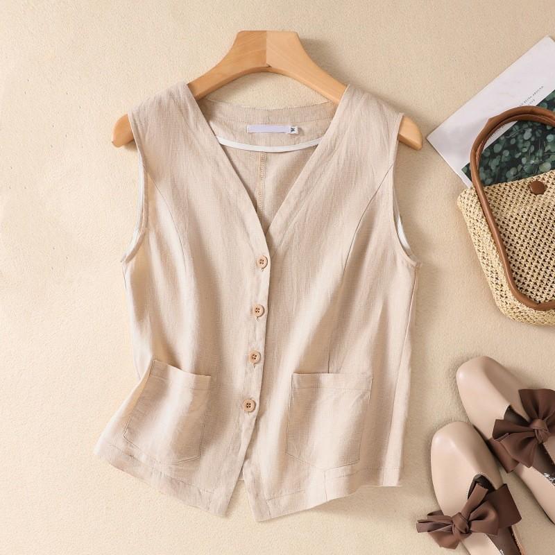 Women's Summer Boho-Style Loose-Fit Solid-Color Cotton-Linen V-Neck Vest: Lightweight, Breathable Outerwear Top
