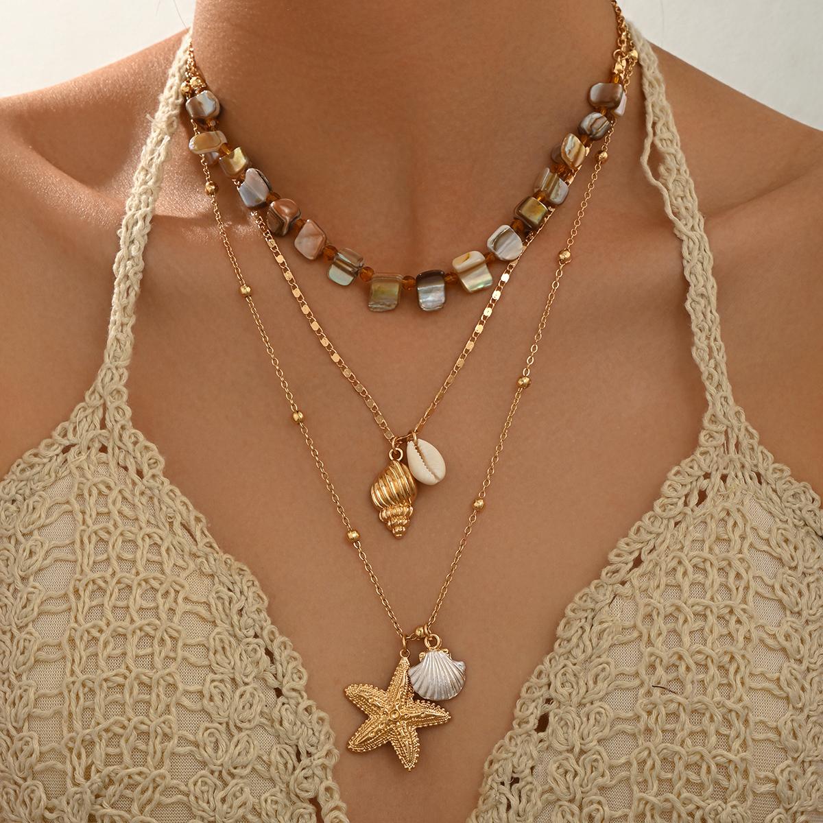 Stone Layered Necklace 3PCS Shell Starfish Conch Pendant Boho Summer Beach Vacation Jewelry