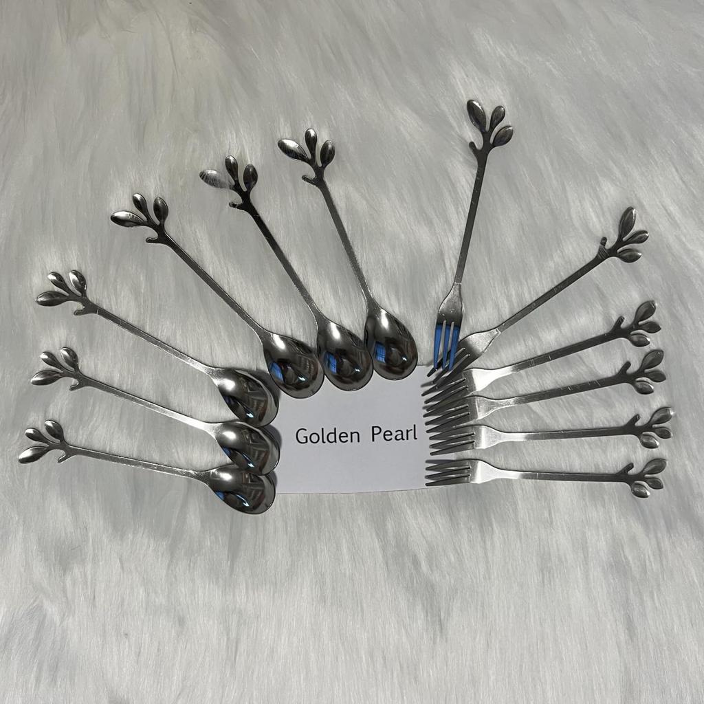 12pcs Stainless Steel Gold Leaf Coffee Spoon and Cake Fruit Forks Kitchen Accessory Wedding Party for Dessert, Salad, Appetizer, Spoon and Fork Set(6