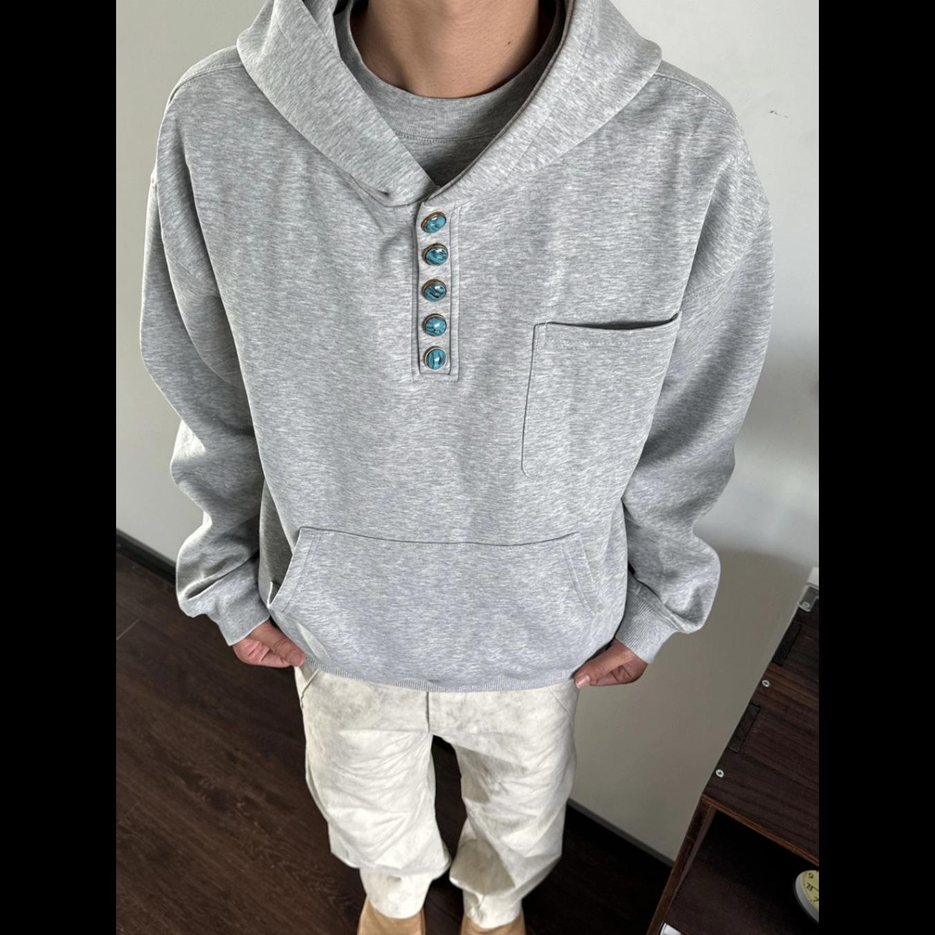 

Men s Turquoise Single-Breasted Hooded Sweatshirt, Autumn/Winter, Plus Velvet, Thick, Loose Fit, Lazy Style Jacket 3XL