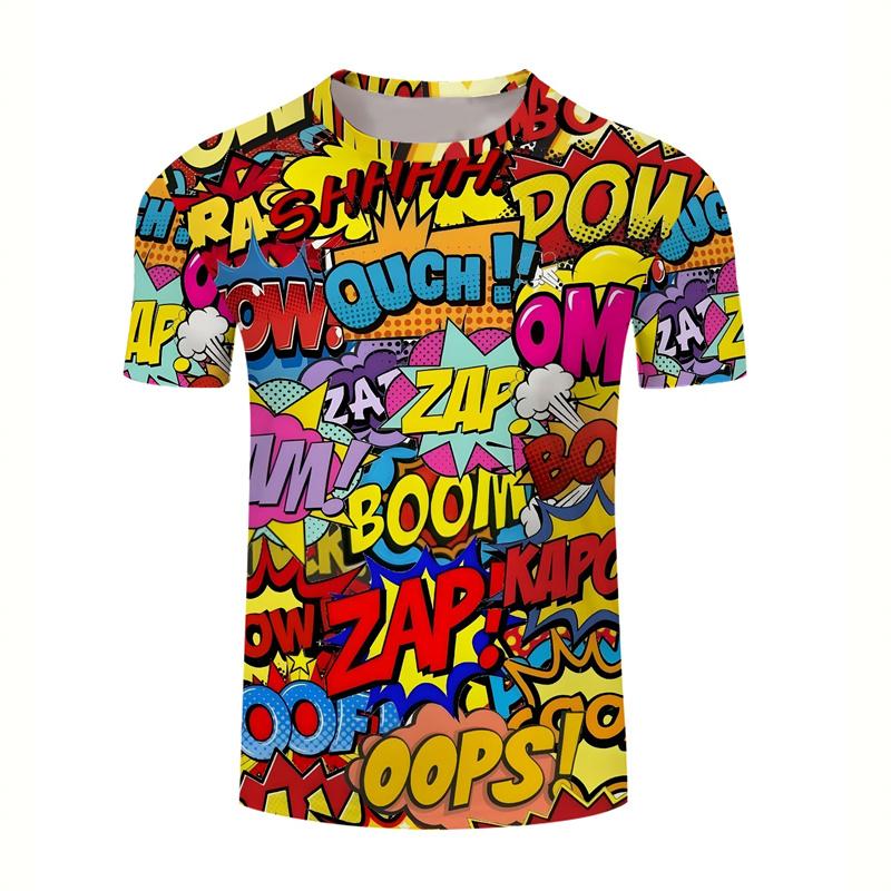 Cartoon Text Graffiti Graphic T-Shirts Summer  Round Neck  Hip Hop Street Short Sleeves Tops