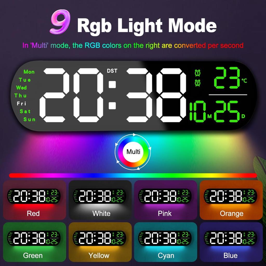 13.7" Digital Wall Clock Large Display with Remote Control,Dual Alarm,Auto-Dimming,Big Digits,Auto DST Clock for Bedroom Living Room Decor with 9