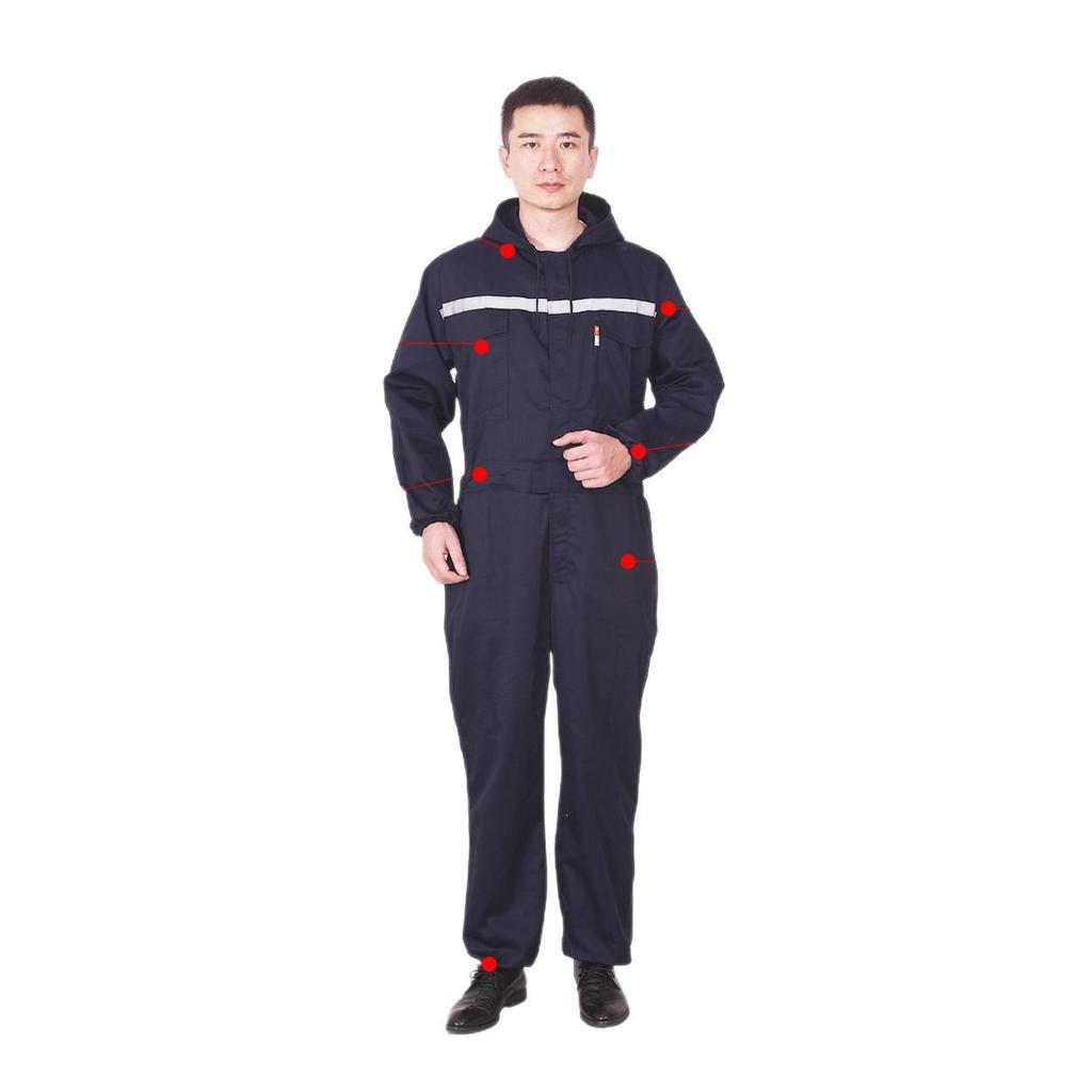 Men's Reflective Polyester-Cotton Jumpsuit with Hood - Breathable, Wear-Resistant, Ideal for Spring & Autumn Repair Work.