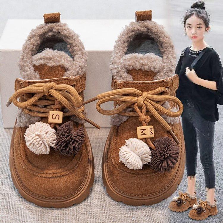 Girls Cotton Shoes Winter 2025 New Children's Plush Thickened Fluffy Shoes Girls Retro Loafers Medium and Older Children's Shoes