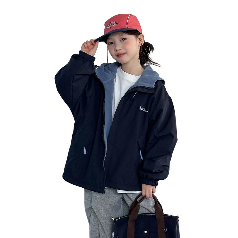 Girls' Korean Style Reversible Hooded Windbreaker: Trendy Spring/Autumn Jacket for Big Girls