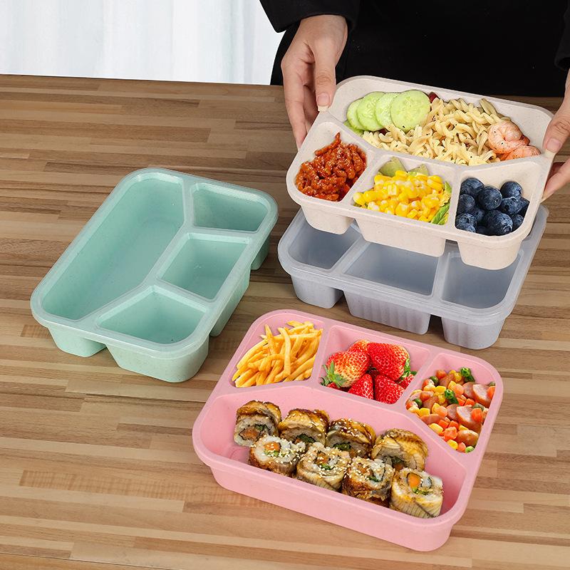 4 Grids Natural Wheat Straw Tableware Lunch Box Dinnerware Storage Biodegradable Unbreakable Plates for Food Salad Snack Student