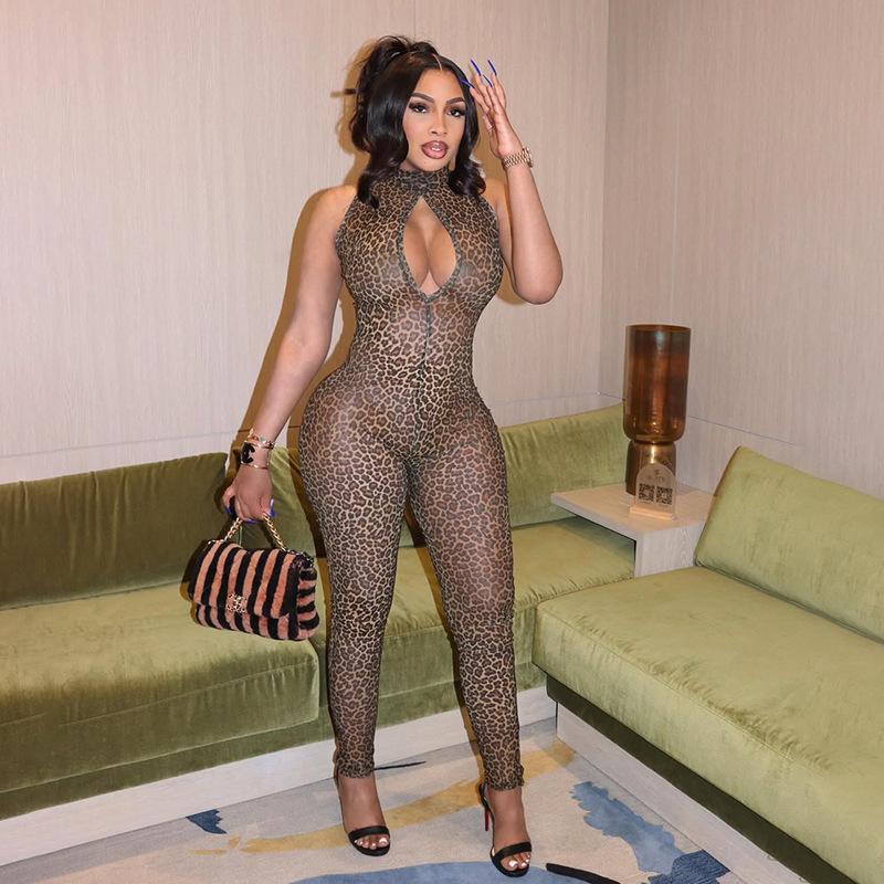 D9711 European and American hot-selling women's clothing, sexy leopard print mesh printing hollow leggings jumpsuit
