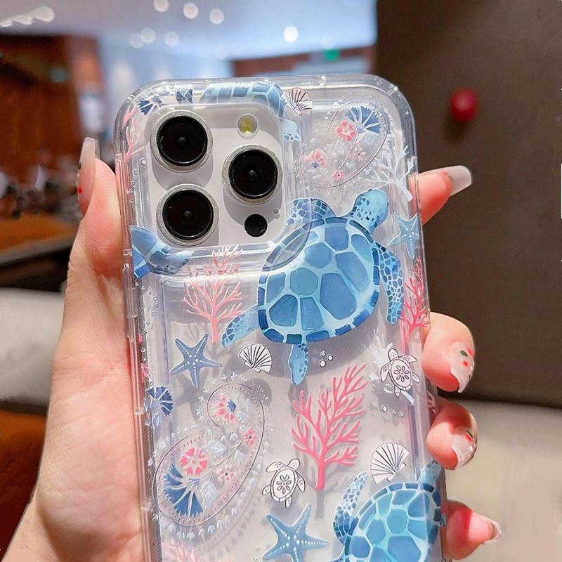 Cool Ocean Turtle Pattern Transparent Phone Case For iPhone 14 11 12 13 Pro 7 8 Plus X XR 15 16 Pro Max Shock-Absorption Cover