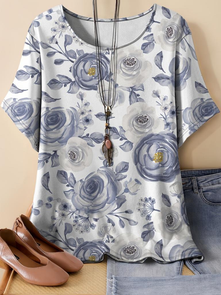 2026 Women's Casual Loose Fit T-Shirt Floral Print Short Sleeve Round Neck Top Tees Plus Size Summer Tops Flower Woman Clothing
