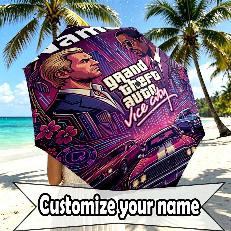 Custom Name Personalized Grand Theft Auto Print Umbrella, Auto Open Close, 8‑Rib Sturdy Frame, Commute Camping Hiking Use, Birthday Gift