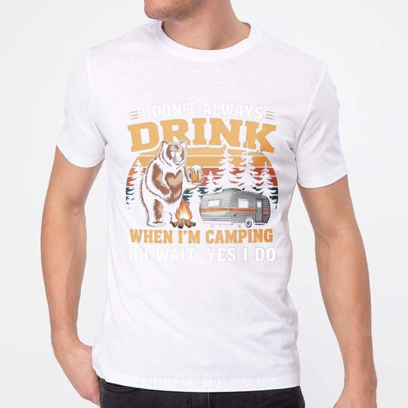 Street Wear Unisex Round Neck Tshirt Casual Bear Holding Beer Near Campfire And Trailer Trendy Teenagers Tops Comfort Tshirt