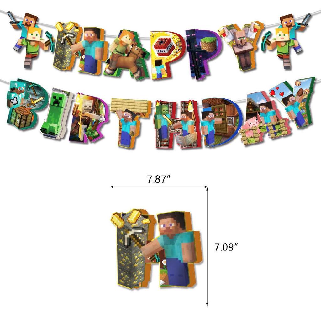 Minecraft-Themed Aluminum Foil Balloon Set: Kid's Birthday Decor with Pull Flags & Number Combination