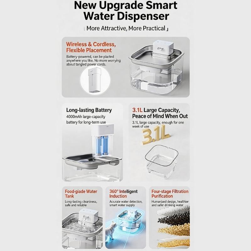 Pet Water Dispenser for Felines and Small to Medium Dogs, Approach-Activated Cycle with 3.1 L Capacity and 6 Filters