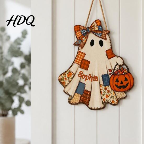 Unique Halloween Souvenir Gifts Wooden Patchwork Ghost Pendant Vintage Autumn Harvest Hanging Sign Cute Door Sign Pendant with Rope for Home