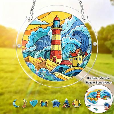 2D Flat, 1set/83pcs 18.8cm Acrylic Jigsaw Seaside Lighthouse Stained Glass Acrylic Puzzle Sun-Catching Hanging Ornament Bright Nautical Mosaic Design 